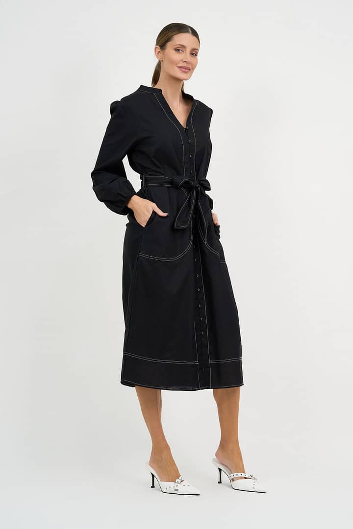Contrast Stitch Linen Dress Black Liberty Rose