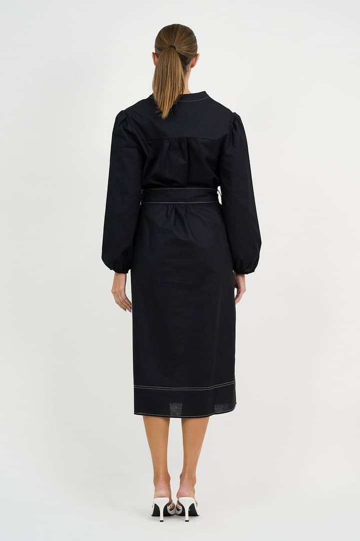 Contrast Stitch Linen Dress Black Liberty Rose
