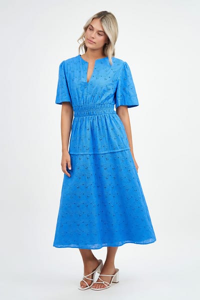 Shirred Waist Broderie Dress Royal Blue Liberty Rose