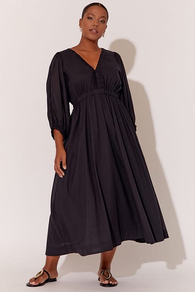 Gathered Neckline Midi Dress Black adorne