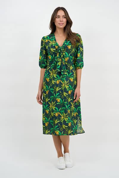 Tie Bust Linen Dress Green Liberty Rose