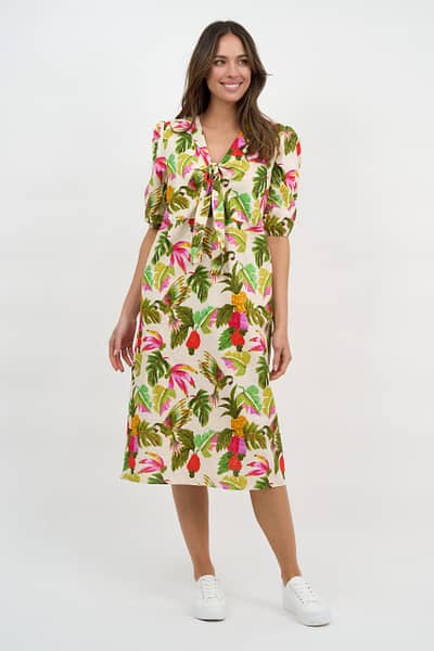 Tie Bust Linen Dress Khaki Liberty Rose