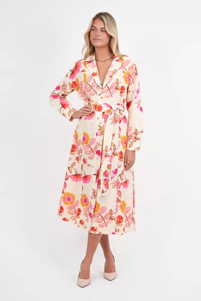 Lapel Collar Linen Coat Dress Pink Liberty Rose