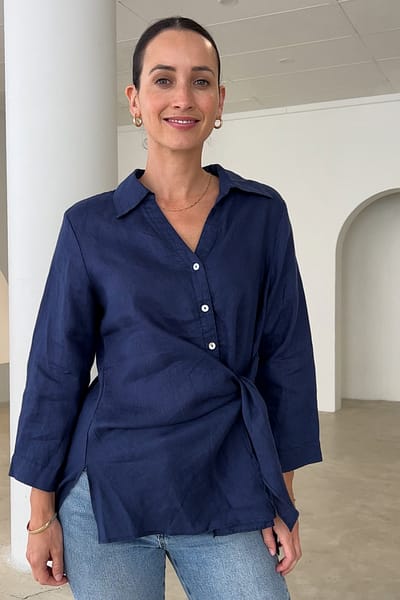 Tie Front Linen Shirt Navy Worthier