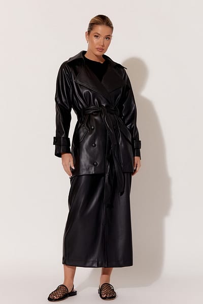Faux Leather Wrap Coat Black adorne