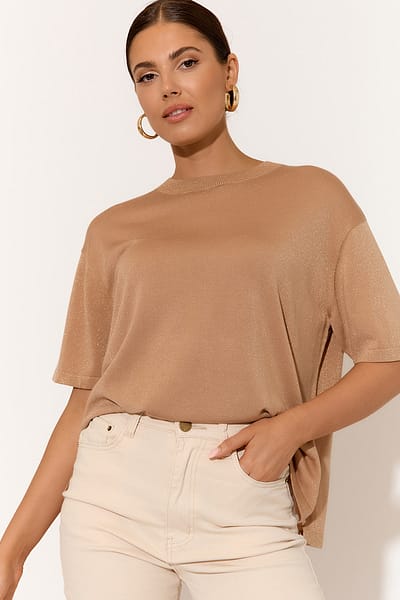 Metallic Relaxed Knit Top Camel adorne