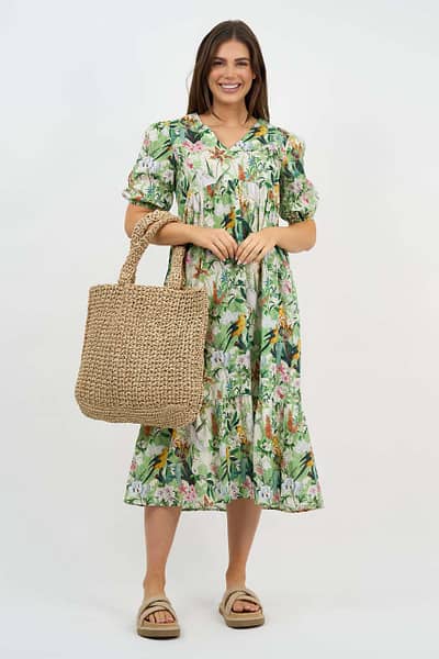 V Neck Gathered Dress Green Liberty Rose