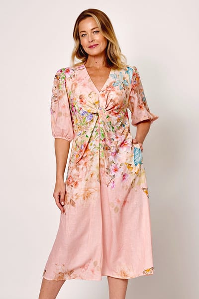 Twist Front Linen Dress Pink La Strada