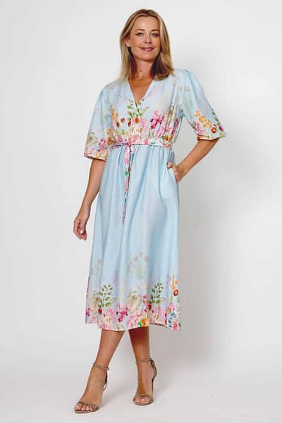 Puff Sleeve Belted Dress Blue La Strada