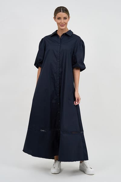 Lattice Trim Cotton Shirt Dress Navy Liberty Rose