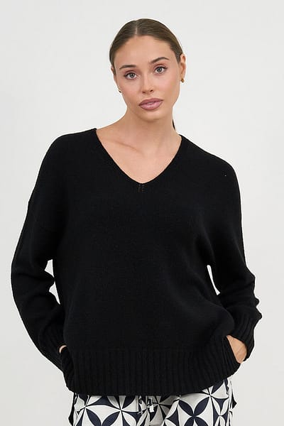Vee Neck Ribbed Knit Black La Strada