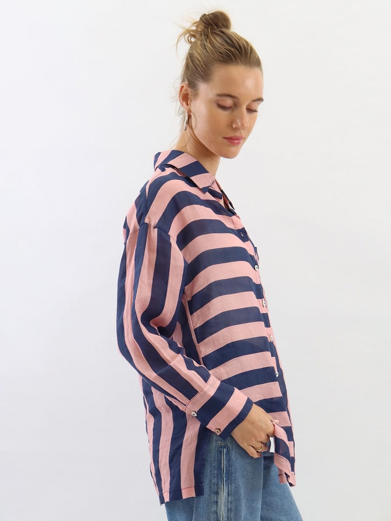 Striped Sheer Linen Shirt Navy Worthier